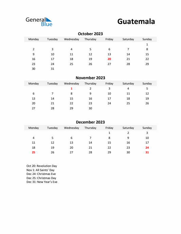 Printable Quarterly Calendar with Notes and Guatemala Holidays- Q4 of 2023