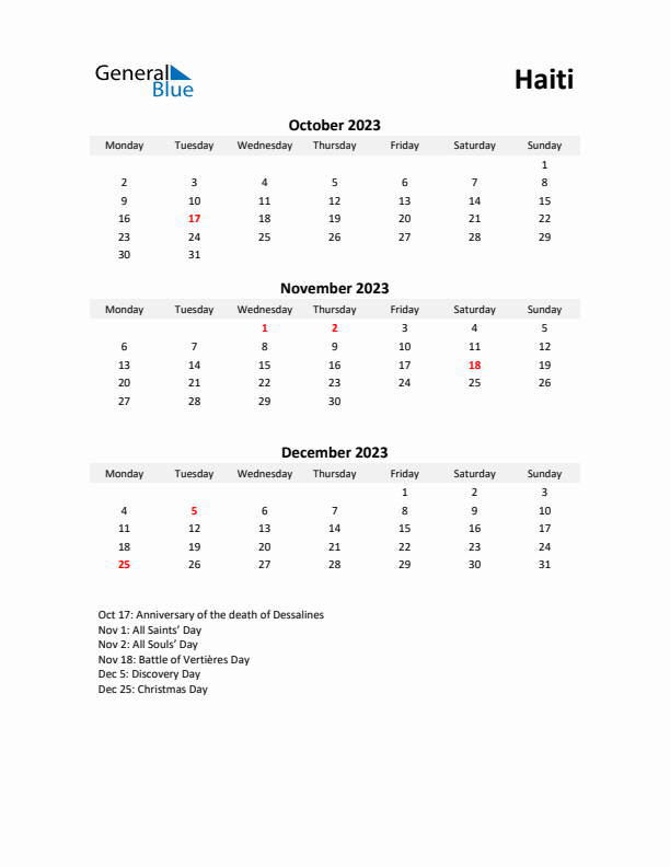 Printable Quarterly Calendar with Notes and Haiti Holidays- Q4 of 2023