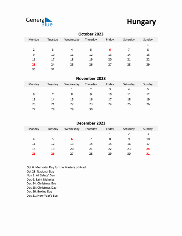 Printable Quarterly Calendar with Notes and Hungary Holidays- Q4 of 2023