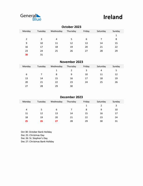 Printable Quarterly Calendar with Notes and Ireland Holidays- Q4 of 2023