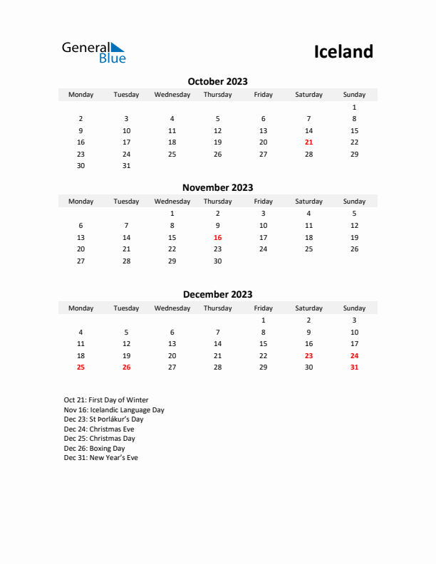 Printable Quarterly Calendar with Notes and Iceland Holidays- Q4 of 2023