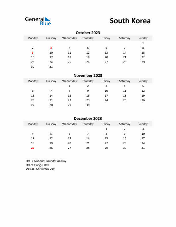 Printable Quarterly Calendar with Notes and South Korea Holidays- Q4 of 2023