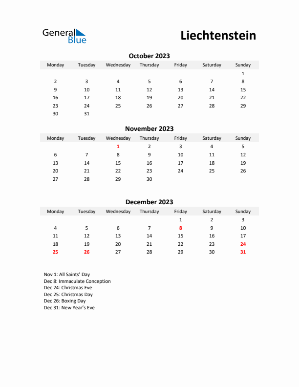 Printable Quarterly Calendar with Notes and Liechtenstein Holidays- Q4 of 2023