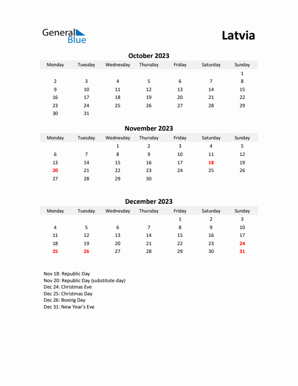 Printable Quarterly Calendar with Notes and Latvia Holidays- Q4 of 2023