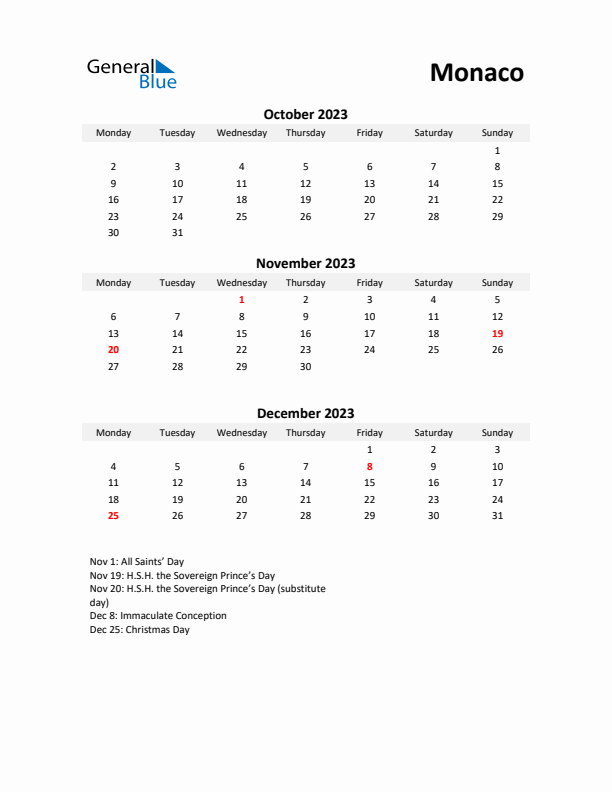 Printable Quarterly Calendar with Notes and Monaco Holidays- Q4 of 2023