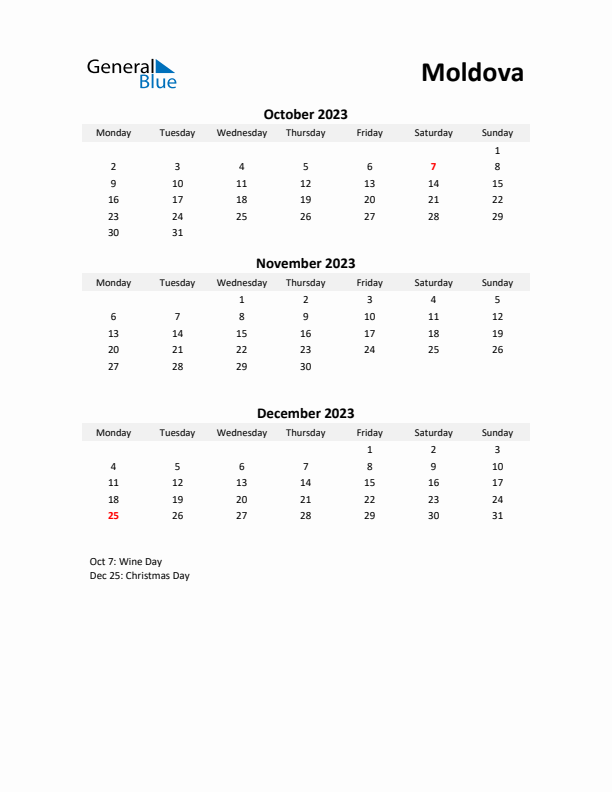 Printable Quarterly Calendar with Notes and Moldova Holidays- Q4 of 2023