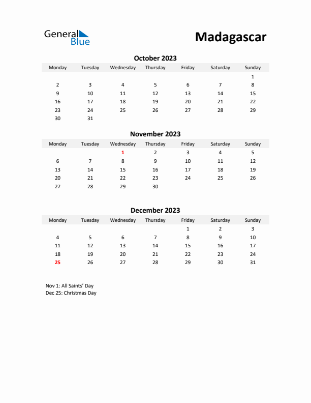 Printable Quarterly Calendar with Notes and Madagascar Holidays- Q4 of 2023