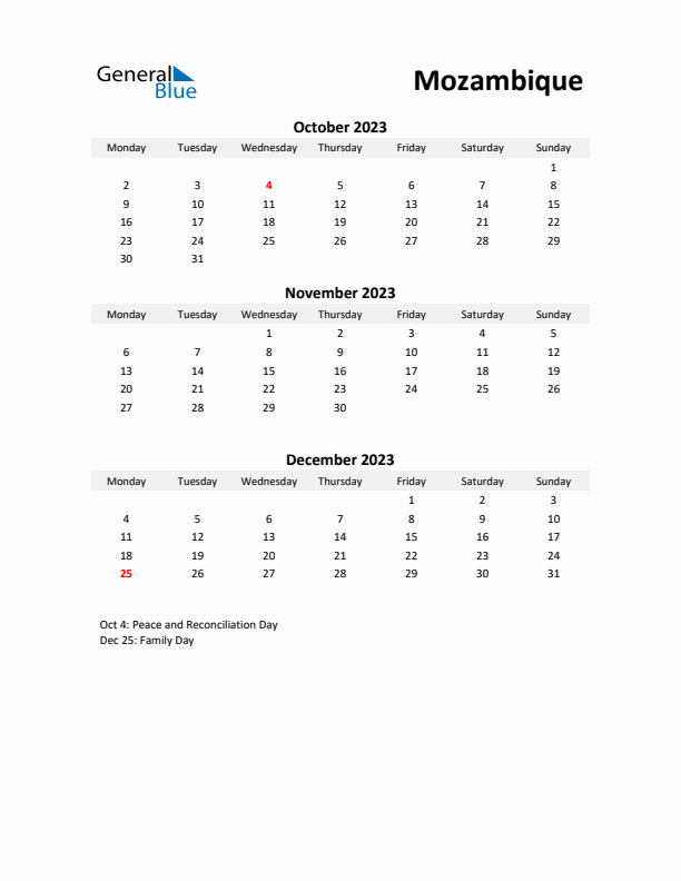 Printable Quarterly Calendar with Notes and Mozambique Holidays- Q4 of 2023