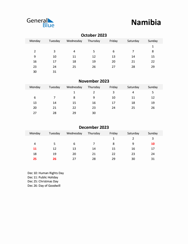 Printable Quarterly Calendar with Notes and Namibia Holidays- Q4 of 2023