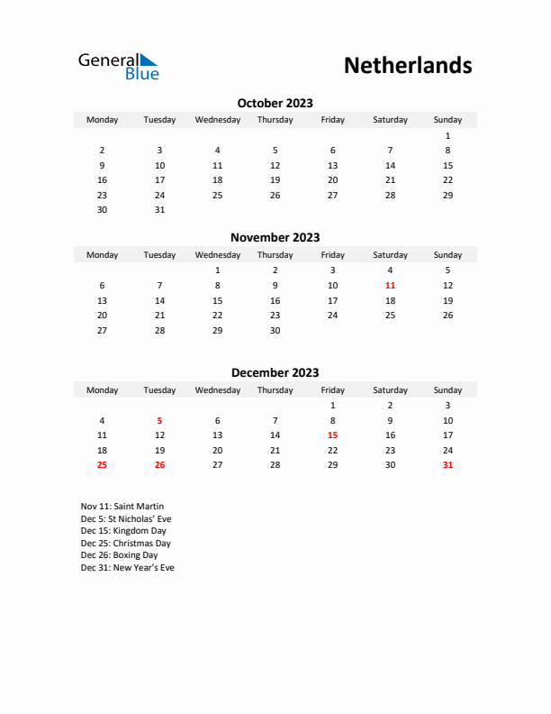 Printable Quarterly Calendar with Notes and The Netherlands Holidays- Q4 of 2023