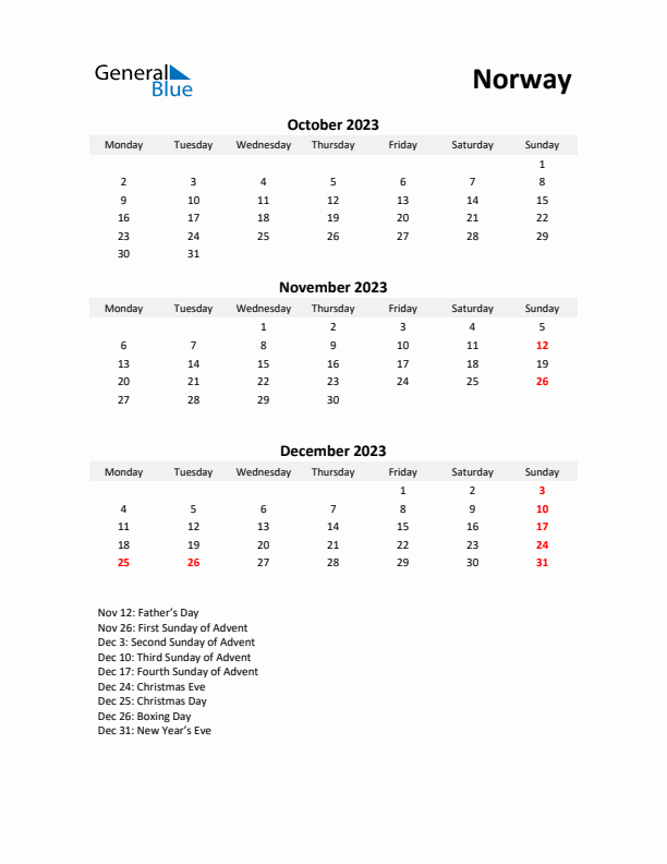 Printable Quarterly Calendar with Notes and Norway Holidays- Q4 of 2023