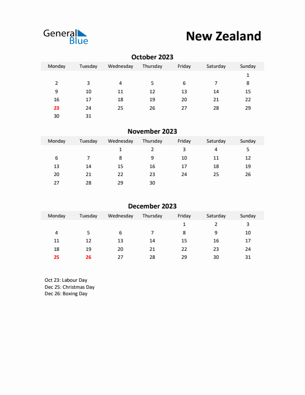 Printable Quarterly Calendar with Notes and New Zealand Holidays- Q4 of 2023