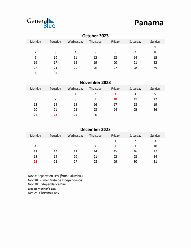 Printable Quarterly Calendar with Notes and Panama Holidays- Q4 of 2023