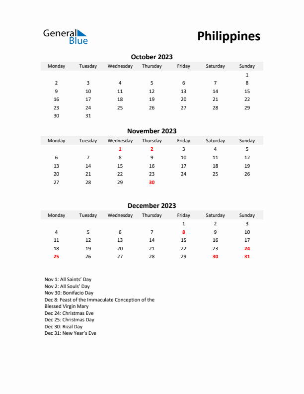 Printable Quarterly Calendar with Notes and Philippines Holidays- Q4 of 2023