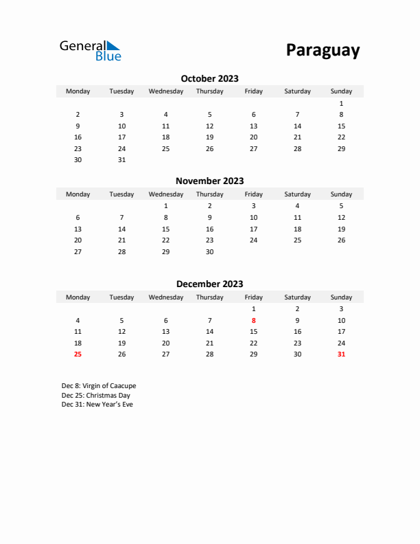 Printable Quarterly Calendar with Notes and Paraguay Holidays- Q4 of 2023