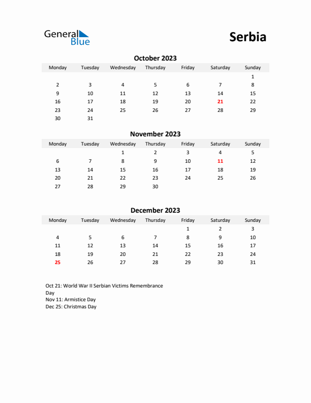 Printable Quarterly Calendar with Notes and Serbia Holidays- Q4 of 2023