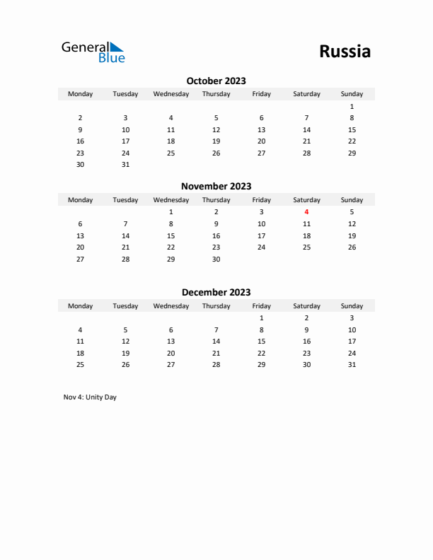 Printable Quarterly Calendar with Notes and Russia Holidays- Q4 of 2023