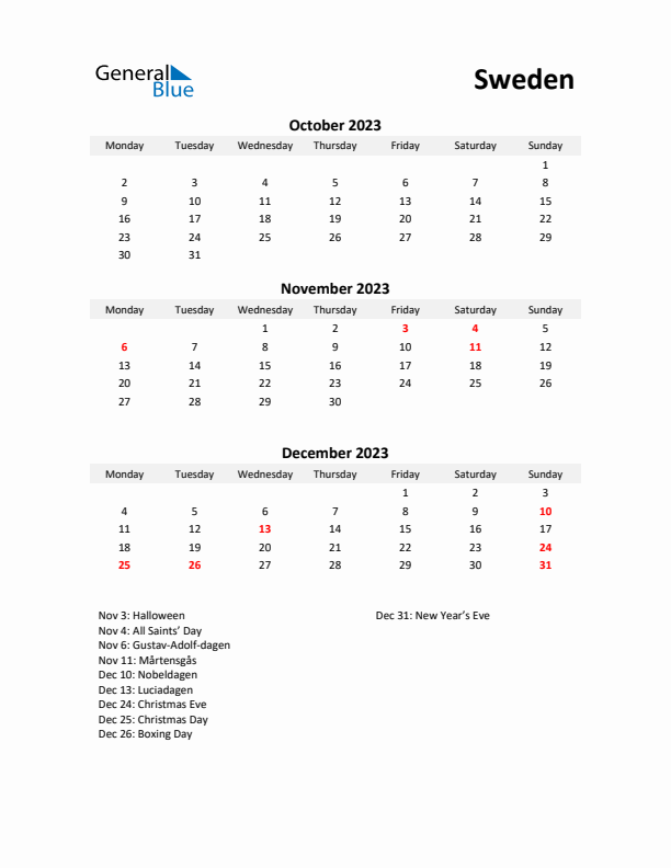 Printable Quarterly Calendar with Notes and Sweden Holidays- Q4 of 2023