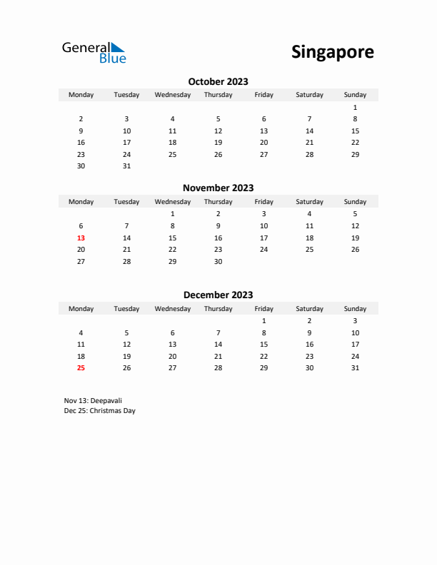 Printable Quarterly Calendar with Notes and Singapore Holidays- Q4 of 2023