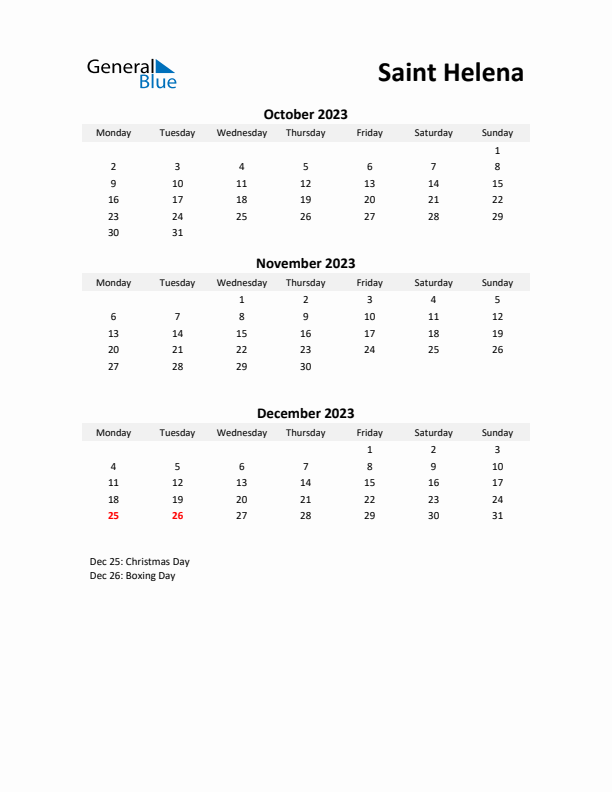 Printable Quarterly Calendar with Notes and Saint Helena Holidays- Q4 of 2023