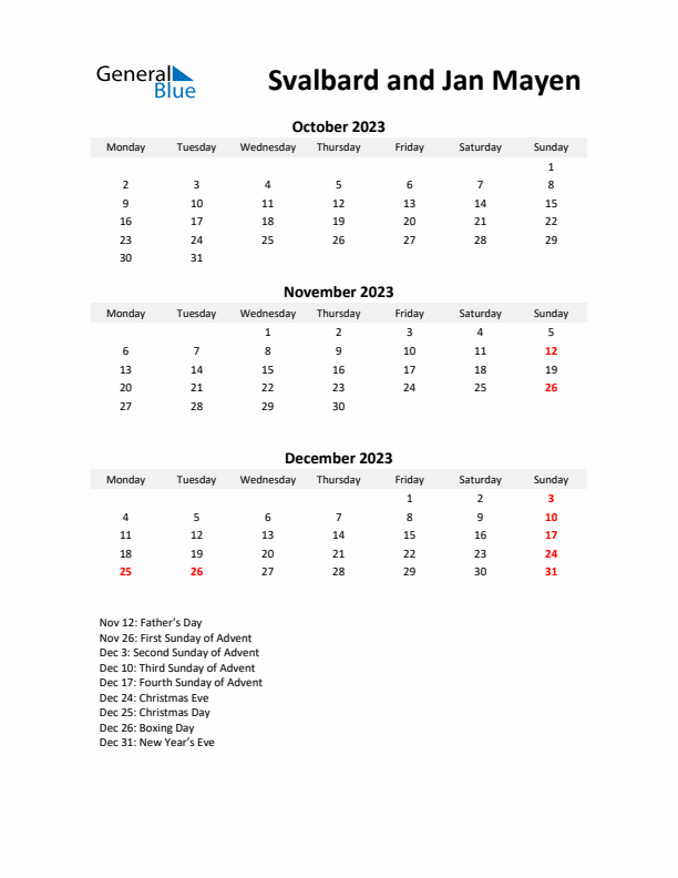 Printable Quarterly Calendar with Notes and Svalbard and Jan Mayen Holidays- Q4 of 2023