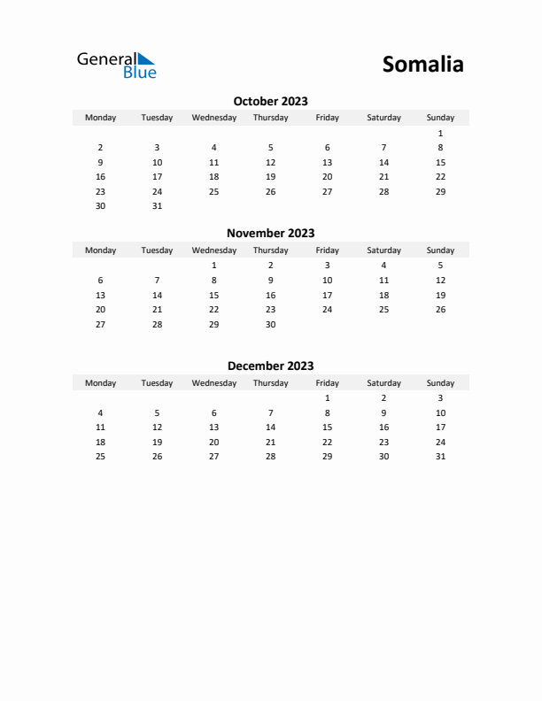 Printable Quarterly Calendar with Notes and Somalia Holidays- Q4 of 2023