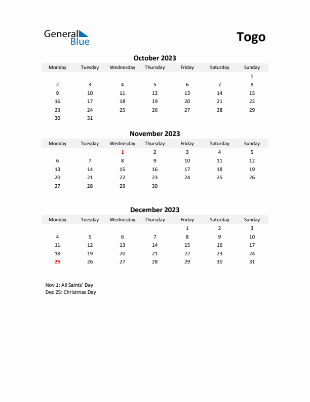 Printable Quarterly Calendar with Notes and Togo Holidays- Q4 of 2023