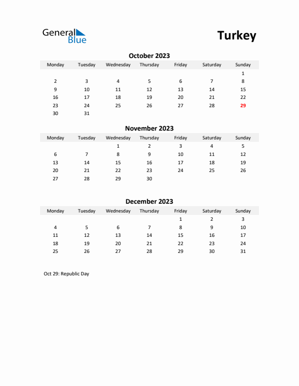 Printable Quarterly Calendar with Notes and Turkey Holidays- Q4 of 2023