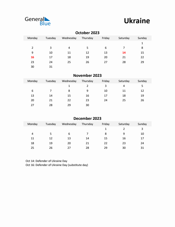 Printable Quarterly Calendar with Notes and Ukraine Holidays- Q4 of 2023