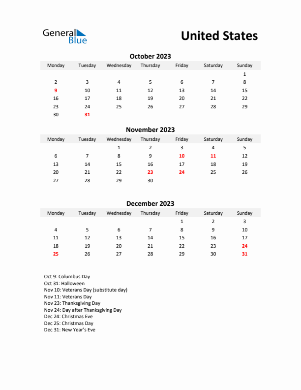 Printable Quarterly Calendar with Notes and United States Holidays- Q4 of 2023