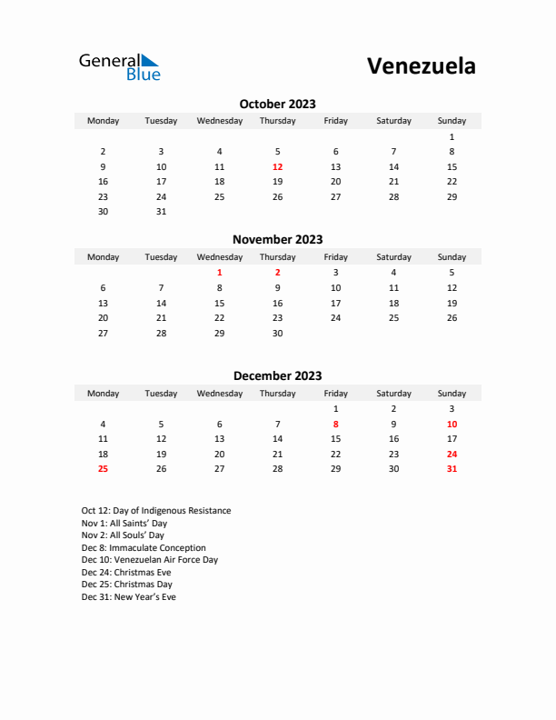 Printable Quarterly Calendar with Notes and Venezuela Holidays- Q4 of 2023