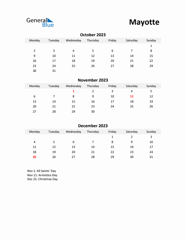 Printable Quarterly Calendar with Notes and Mayotte Holidays- Q4 of 2023