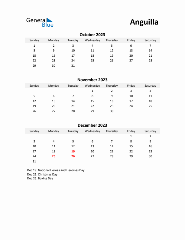 Printable Quarterly Calendar with Notes and Anguilla Holidays- Q4 of 2023