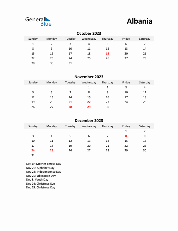 Printable Quarterly Calendar with Notes and Albania Holidays- Q4 of 2023