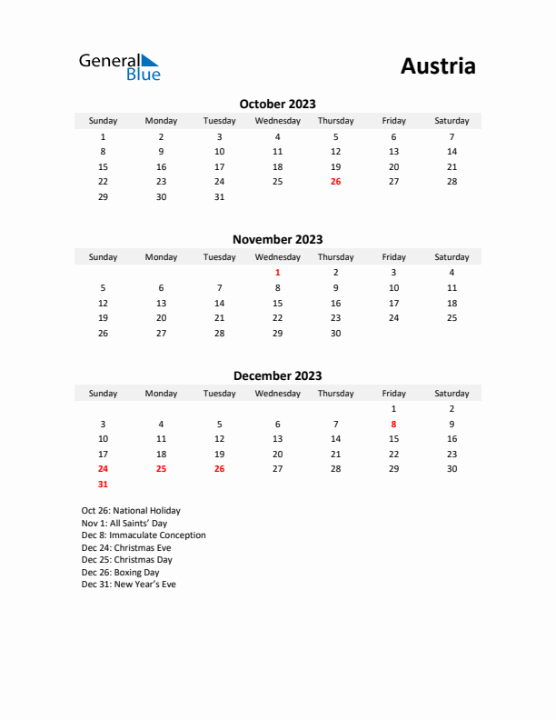 Printable Quarterly Calendar with Notes and Austria Holidays- Q4 of 2023