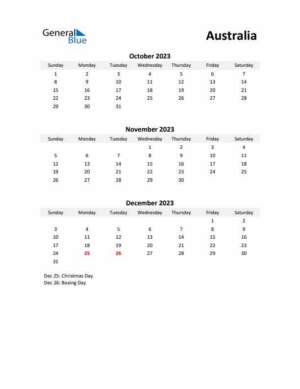 Printable Quarterly Calendar with Notes and Australia Holidays- Q4 of 2023