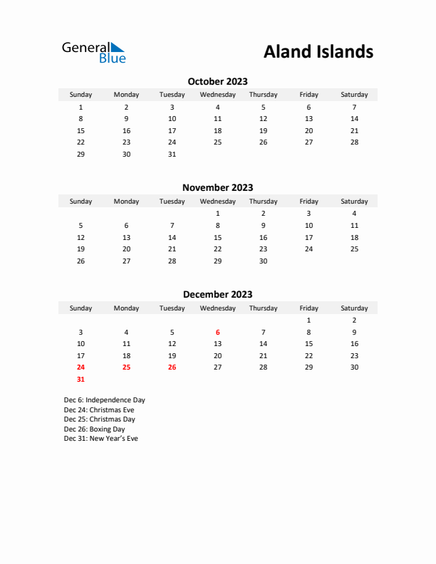 Printable Quarterly Calendar with Notes and Aland Islands Holidays- Q4 of 2023