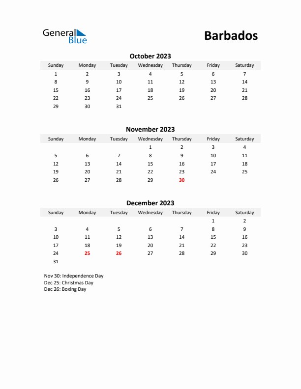 Printable Quarterly Calendar with Notes and Barbados Holidays- Q4 of 2023