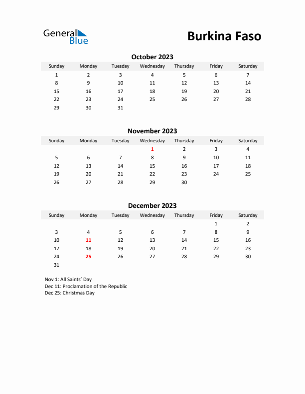 Printable Quarterly Calendar with Notes and Burkina Faso Holidays- Q4 of 2023