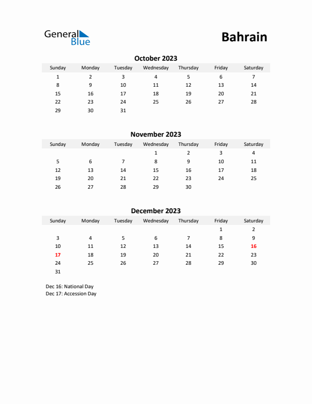 Printable Quarterly Calendar with Notes and Bahrain Holidays- Q4 of 2023