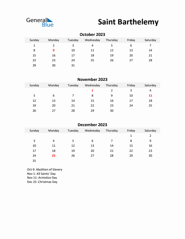 Printable Quarterly Calendar with Notes and Saint Barthelemy Holidays- Q4 of 2023