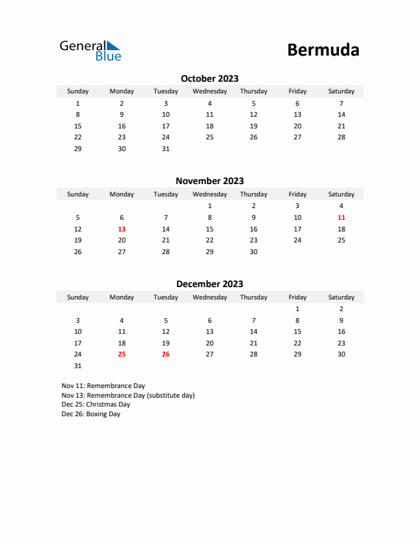 Printable Quarterly Calendar with Notes and Bermuda Holidays- Q4 of 2023