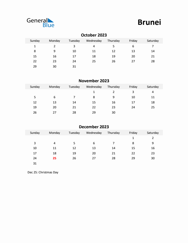 Printable Quarterly Calendar with Notes and Brunei Holidays- Q4 of 2023