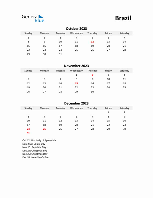 Printable Quarterly Calendar with Notes and Brazil Holidays- Q4 of 2023