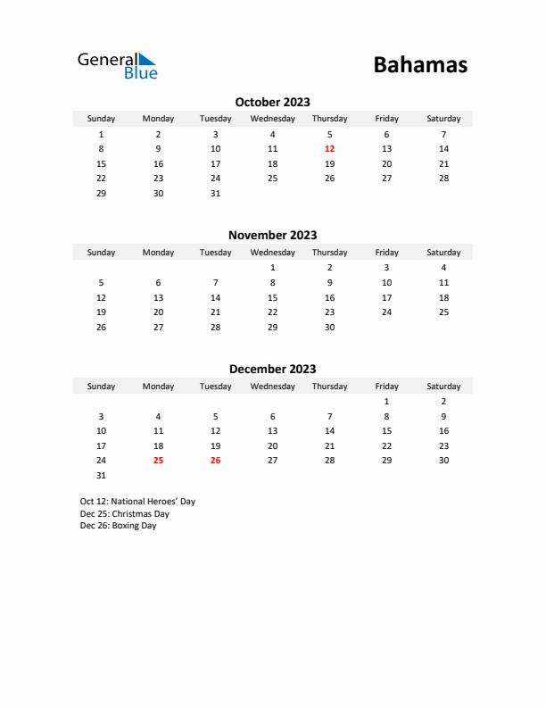 Printable Quarterly Calendar with Notes and Bahamas Holidays- Q4 of 2023