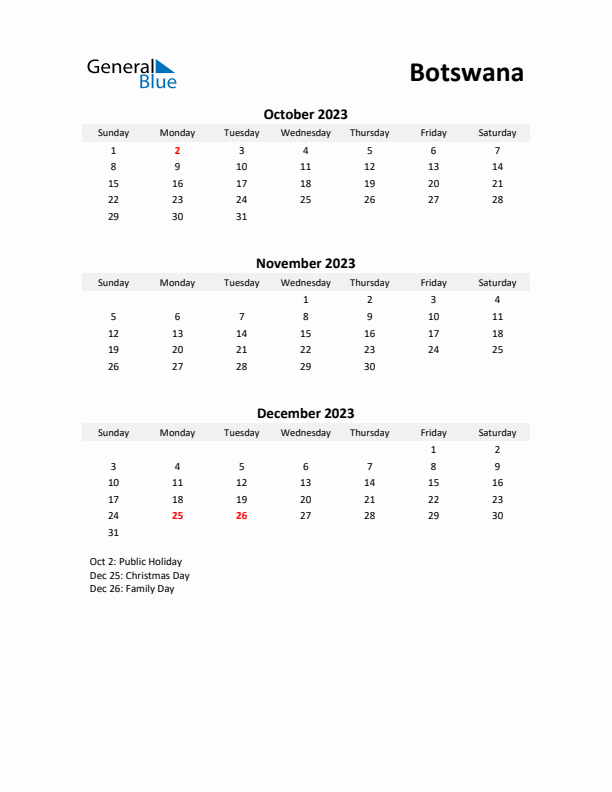 Printable Quarterly Calendar with Notes and Botswana Holidays- Q4 of 2023