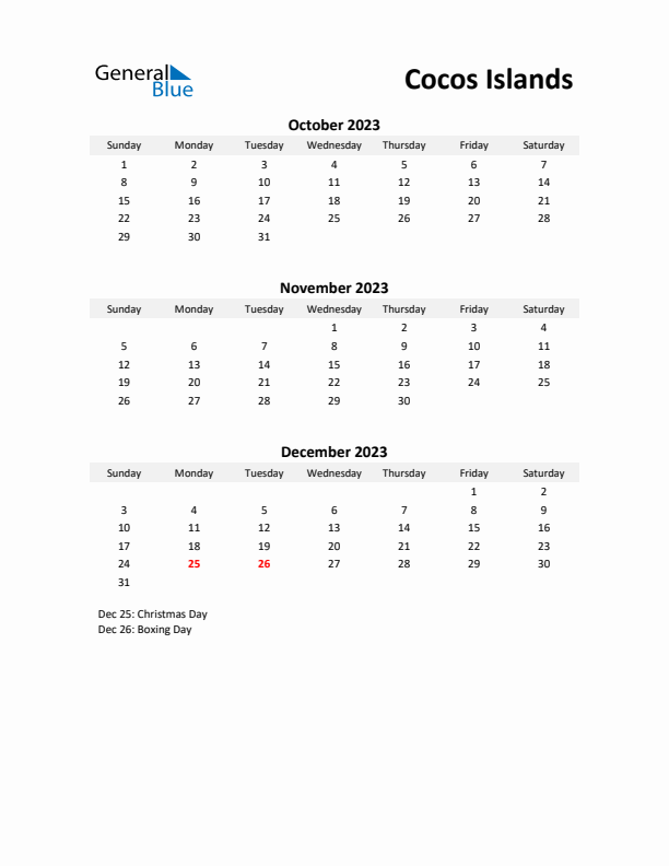 Printable Quarterly Calendar with Notes and Cocos Islands Holidays- Q4 of 2023