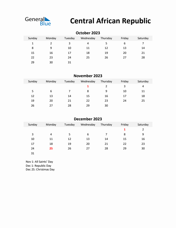 Printable Quarterly Calendar with Notes and Central African Republic Holidays- Q4 of 2023