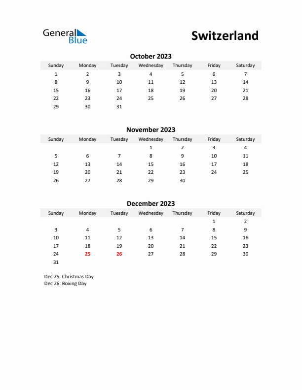 Printable Quarterly Calendar with Notes and Switzerland Holidays- Q4 of 2023