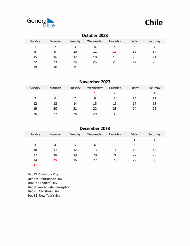 Printable Quarterly Calendar with Notes and Chile Holidays- Q4 of 2023